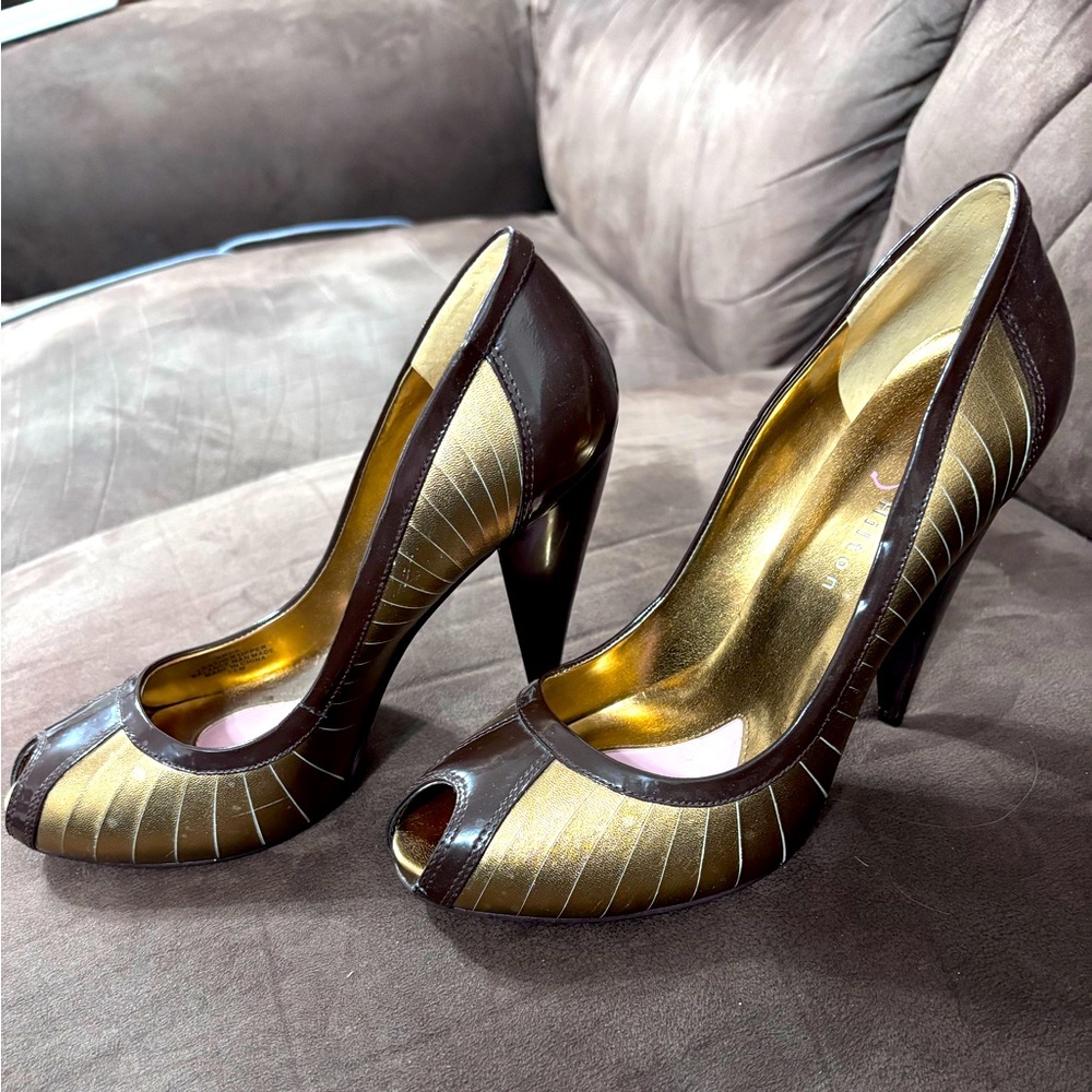 Paris Hilton Gold/Brown High Heels Size 7.5